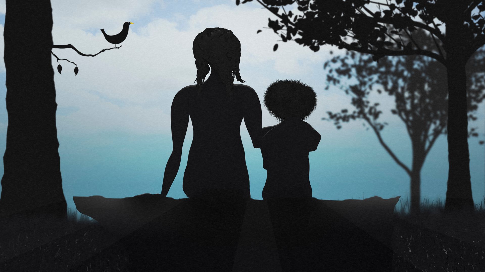 Silhoutte of a two people sat on a log in a woodland clearing